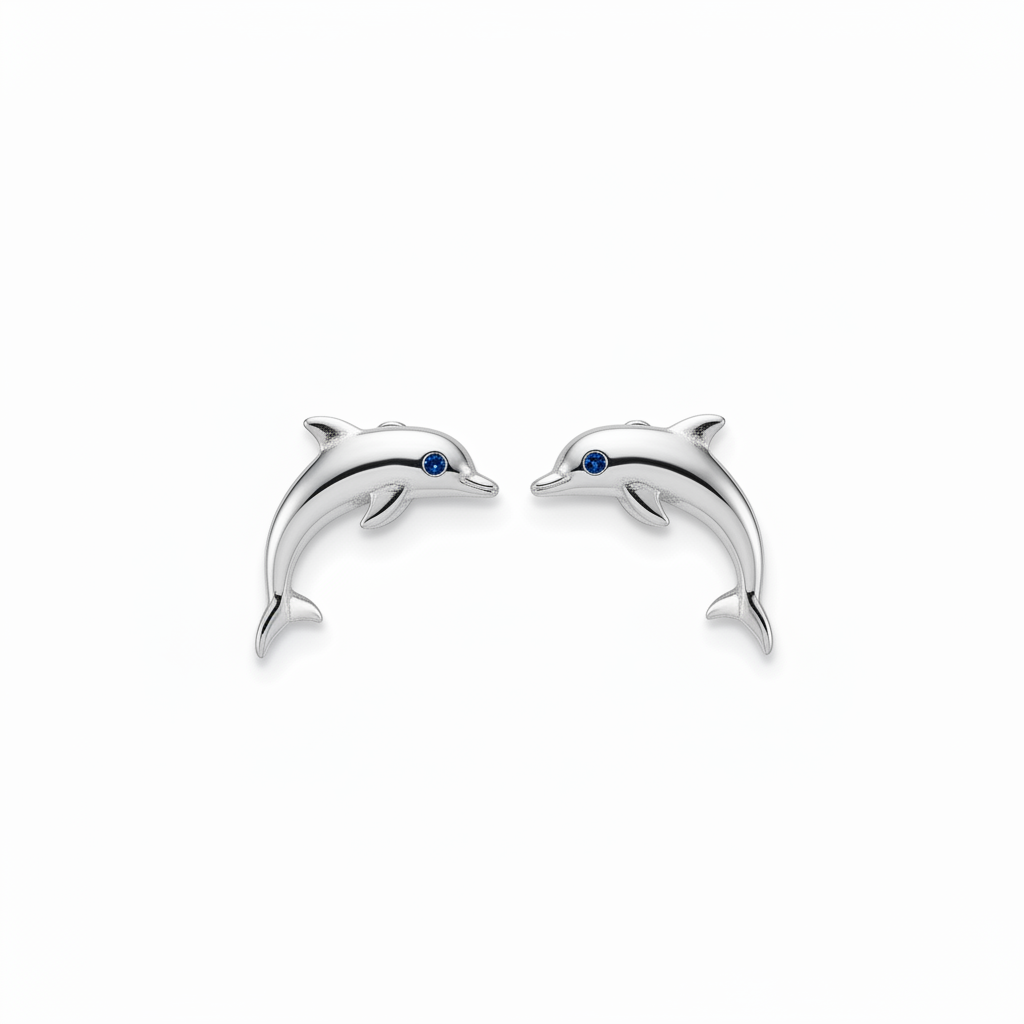 Silver dolphin stud earrings with gemstone eye