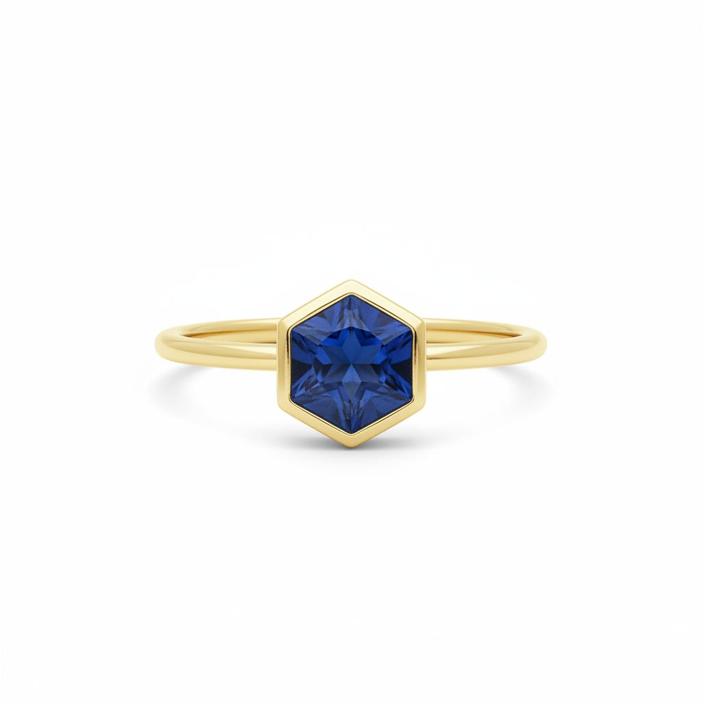 Sapphire Hexagon Solitaire Ring - Yellow Gold