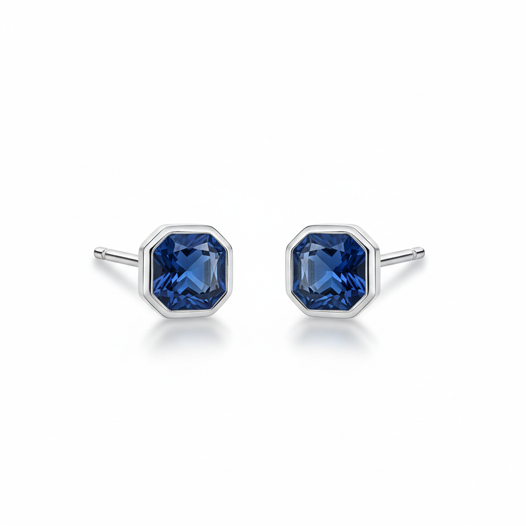 Sapphire Hexagon Stud Earrings - Sterling Silver