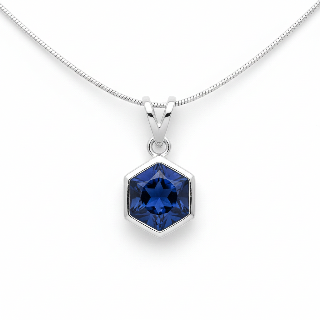 Sapphire Hexagon Pendant Necklace - Sterling Silver