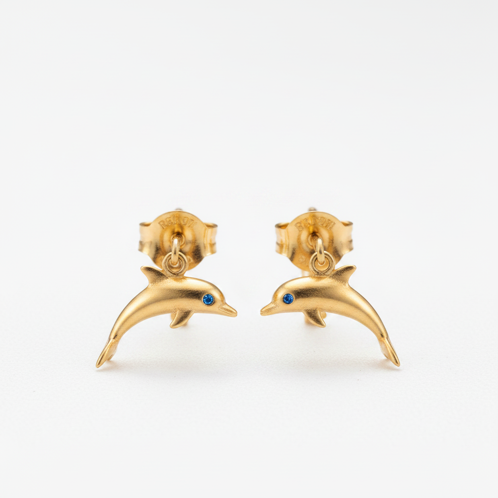 Gold dolphin stud earrings with gemstone eye