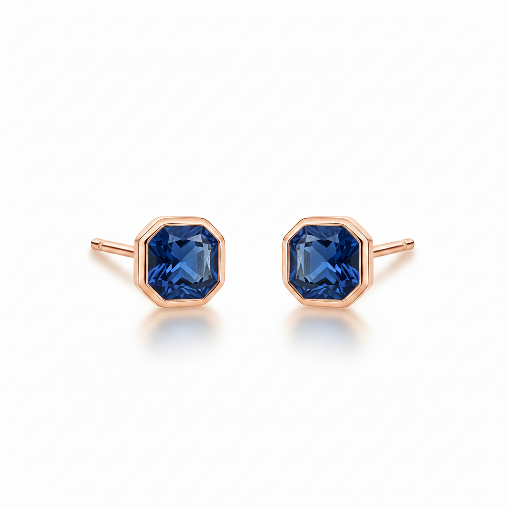 Sapphire Hexagon Stud Earrings - Rose Gold