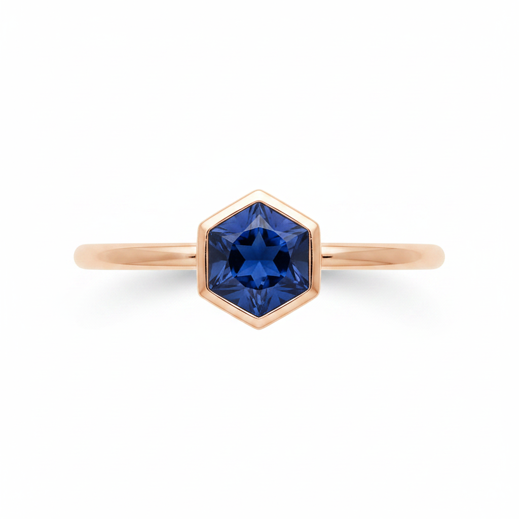 Sapphire Hexagon Solitaire Ring - Rose Gold