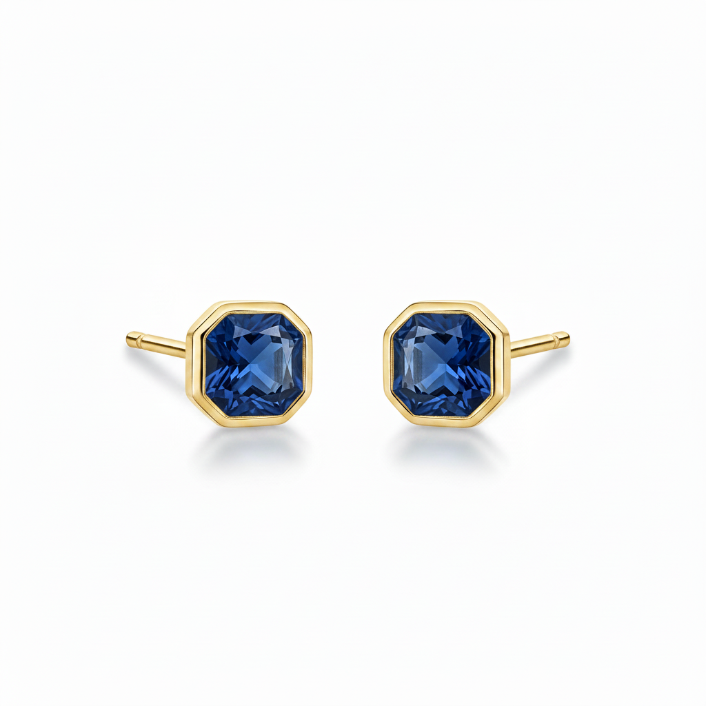 Sapphire Hexagon Stud Earrings - Yellow Gold