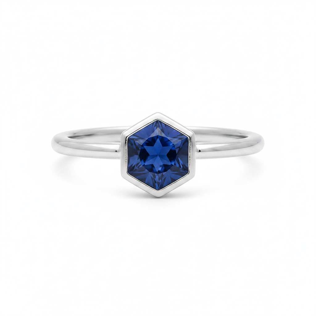 Sapphire Hexagon Solitaire Ring - Sterling Silver