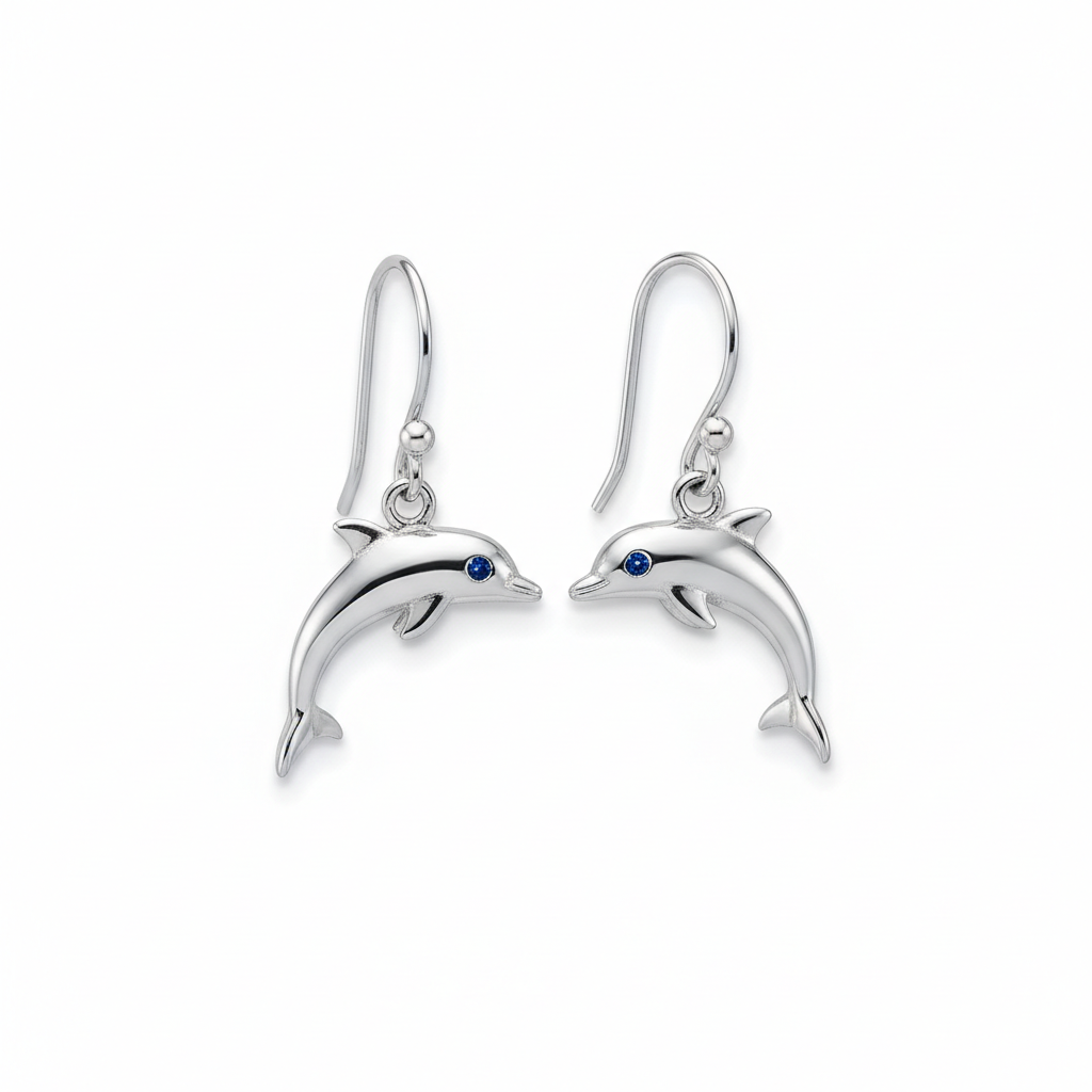 Silver dolphin dangle earrings with gemstone eye