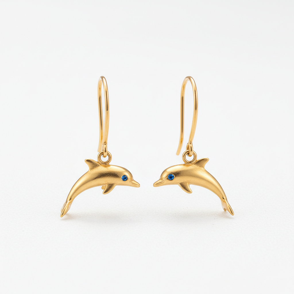 Gold dolphin dangle earrings with gemstone eye