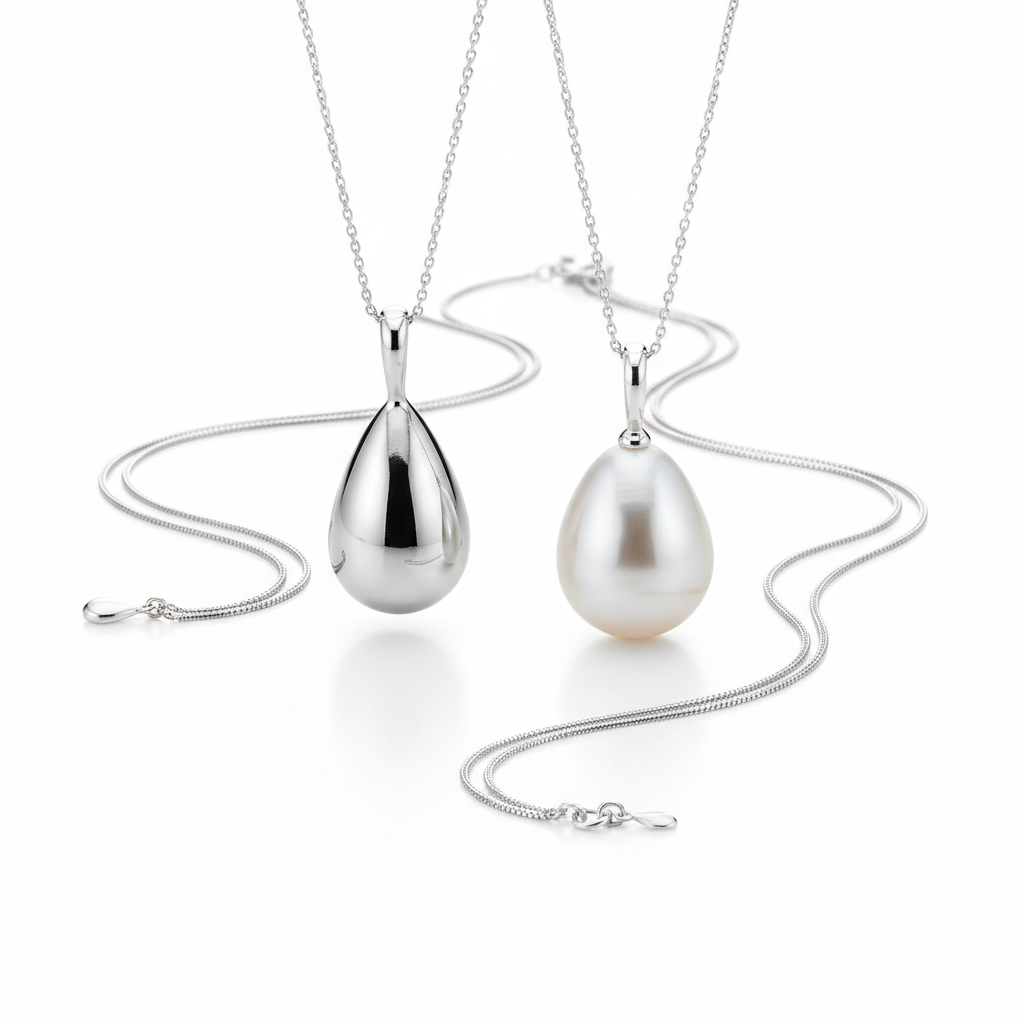 Teardrop Pendant Necklace - Silver and Pearl